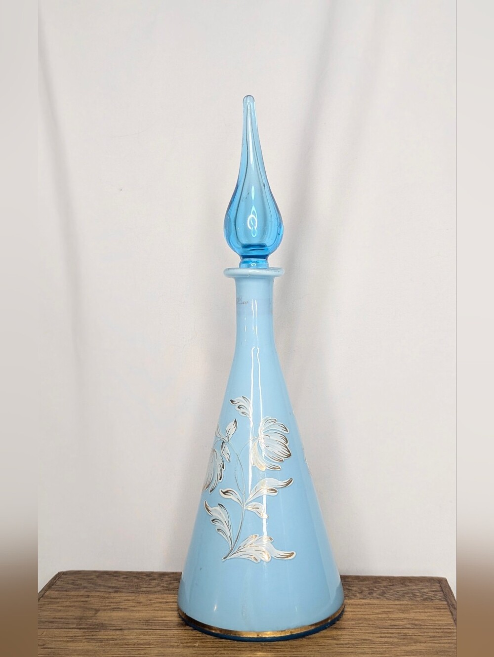 Gorgeous MCM Blue Opaline Glass Genie Bottle W Teardrop Stopper